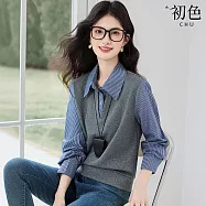 【初色】學院風假兩件翻領撞色條紋長袖襯衫女上衣-灰色-19768(M-2XL可選) M 灰色