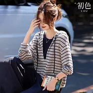 【初色】休閒寬鬆連帽抽繩V領鏤空撞色條紋長袖針織衫上衣女上衣-條紋-19731(M-XL可選) M 條紋