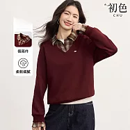 【初色】學院風簡約格紋拼接假兩件金屬標牌裝飾翻領長袖T恤上衣女上衣-酒紅色-19743(M-2XL可選) M 酒紅色
