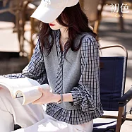 【初色】韓系假兩件領帶V領長袖格紋拼接針織襯衫上衣女上衣-灰色-19751(M-2XL可選) M 灰色