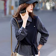 【初色】韓系假兩件翻領拼接格紋單排釦長袖綁帶襯衫上衣女上衣-藏青色-19745(M-2XL可選) M 藏青色