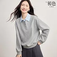 【初色】慵懶風休閒寬鬆拼接假兩件拉鍊半門襟襯衫領長袖T恤上衣女上衣-花灰色-19736(M-2XL可選) M 花灰色