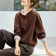 【初色】休閒風撞色拼接圓領反摺袖口抽繩插肩袖寬鬆帽T上衣女上衣-咖色-19752(M-2XL可選) M 咖色