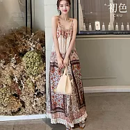 【初色】波希米亞風圓領無袖吊帶壓褶印花下擺流蘇中長裙連衣裙連身洋裝長裙-花色-19784(M-XL可選) M 花色