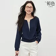 【初色】拼接假兩件條紋圓領小V領長袖T恤衛衣內搭打底衫寬鬆上衣女上衣-藏青色-19758(M-2XL可選) M 藏青色