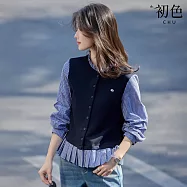 【初色】假兩件拼接格紋圓領長袖衛衣上衣女上衣-藏青色-19766(M-2XL可選) M 藏青色