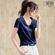 【初色】簡約風純色圓雕裝飾娃娃領短袖T恤上衣女上衣-藏青色-50017(M-2XL可選) M 藏青色