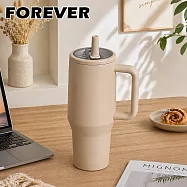 【日本FOREVER】冰霸杯1200ml 雙層保溫保冷 折疊吸管 車用隨行杯 -奶茶色