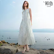 【初色】度假風圓領無袖繫帶簍空暈染清涼透氣背心A字裙中長裙連衣裙連身洋裝長裙-共2色-50128(M-XL可選) M 藍色