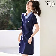 【初色】通勤風顯瘦拼接假兩件圖案刺繡翻領短袖針織中長裙連衣裙連身洋裝-藏青色-50019(M-2XL可選) M 藏青色