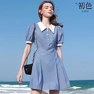 【初色】法式撞色拼接娃娃領排扣短袖收腰顯瘦連身裙中長裙連衣裙連身洋裝長裙-藍色-50143(M/L可選) M 藍色