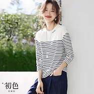 【初色】休閒通勤風寬鬆圓領撞色拼接條紋長袖打底衫T恤上衣女上衣-藏青色-50016(M-2XL可選) M 藏青色