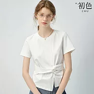 【初色】簡約風純色圓領不規則扭結收腰短袖T恤上衣女上衣-共2色-50151(M-L可選) M 白色