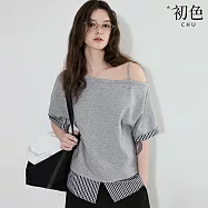 【初色】休閒風假兩件斜肩五分短袖拼接格紋開衩下擺T恤上衣女上衣-花灰色-50138(M-L可選) M 花灰色