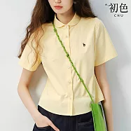 【初色】簡約純色翻領撞色刺繡單排釦短袖娃娃領襯衫上衣女上衣-黃色-50160(M-L可選) M 黃色