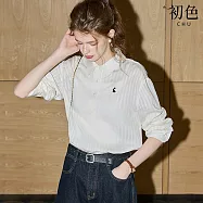 【初色】通勤風寬鬆圖案刺繡條紋肌理半門襟單排釦翻領長袖襯衫上衣女上衣-米白色-50132(M-XL可選) M 米白色