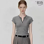 【初色】韓系修身拼接撞色條紋假兩件V領短袖針織衫上衣女上衣-灰色-50030(F可選) F 灰色