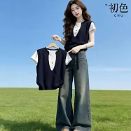 【初色】學院風收腰拼接撞色假兩件圓領正肩短袖T恤上衣女上衣-藏青色-50026(M-XL可選) M 藏青色