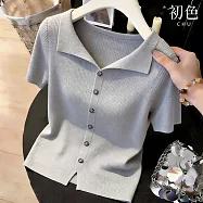【初色】純色冰絲薄款簡約寬鬆翻領排扣短袖T恤針織衫上衣女上衣-共2色-50057(F可選) F 灰色