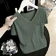 【初色】韓系通勤風條紋假口袋短袖V領冰絲薄款寬鬆針織衫上衣女上衣-共3色-50058(F可選) F 綠色