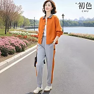 【初色】撞色拼接翻領格紋格子排扣長袖外套+鬆緊腰休閒褲寬褲運動褲套裝-橘衣灰褲-50068(M-2XL可選) M 橘衣灰褲