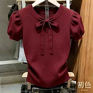 【初色】簡約休閒通勤圓領蝴蝶結綁帶泡泡袖短袖針織上衣女上衣-紅色-19531(F可選) F 紅色