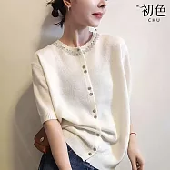【初色】法式小香風純色蕾絲圓領短袖針織衫上衣女上衣-共4色-19568(F可選) F 白色