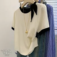 【初色】清新風休閒撞色蝴蝶結圓領短袖針織衫上衣女上衣-白色-12828(F可選) F 白色