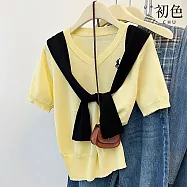 【初色】假兩件披肩小馬刺繡針織V領短袖針織衫T恤上衣女上衣-共2色-19537(F可選) F 杏色