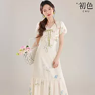 【初色】度假風碎花蝴蝶結荷葉邊V領短袖A字裙中長裙連衣裙連身洋裝-杏色-19601(M-XL可選) M 杏色