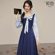 【初色】度假風碎花蝴蝶結荷葉邊V領短袖A字裙中長裙連衣裙連身洋裝-杏色-19601(M-XL可選) M 藏藍色