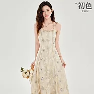 【初色】法式度假風平口領細肩帶吊帶掛脖無袖花朵印花收腰中長裙連衣裙連身洋裝長裙-杏色-19604(M-XL可選) M 杏色