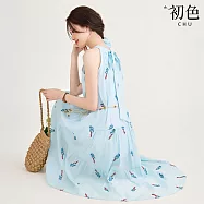 【初色】法式度假風刺繡碎花蝴蝶結掛脖領口圓領無袖中長裙連衣裙連身洋裝長裙-藍色-19606(M-XL可選) M 藍色