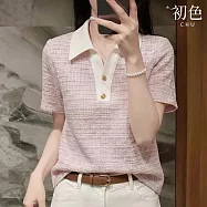 【初色】小香風拼接撞色粗花呢紋理半門襟單排釦POLO領短袖襯衫上衣女上衣-粉紅色-50563(M-2XL可選) M 粉紅色