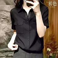 【初色】通勤風純色翻領釘珠雙口袋設計直筒寬鬆五分袖襯衫上衣女上衣-黑色-50570(M-2XL可選) M 黑色