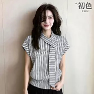 【初色】通勤風寬鬆顯瘦條紋領帶短袖襯衫上衣女上衣-條紋-50555(M-2XL可選) M 條紋