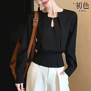 【初色】復古簡約修身顯瘦純色裝飾性開孔領長袖打底襯衫上衣女上衣-黑色-19517(M-2XL可選) M 黑色