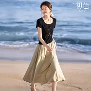 【初色】休閒風圓領短袖撞色拼接假兩件T恤中長裙連衣裙連身洋裝-黑拼卡其-50439(M-2XL可選) M 黑拼卡其