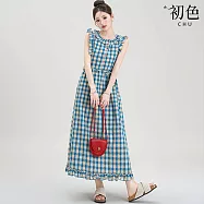 【初色】度假風拼接撞色格紋單排釦荷葉邊短袖中長裙連衣裙連身洋裝-藍色-50534(M-2XL可選) M 藍色