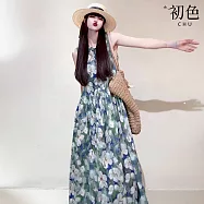 【初色】度假風圓領拼接油畫印花口袋無袖A字大擺傘裙連衣裙連身洋-花色-50480(M-2XL可選) M 花色