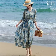 【初色】休閒風V領五分袖短袖收腰綁帶褶皺口袋印花中長裙連衣裙連身洋裝長裙-花色-50501(M-2XL可選) M 花色