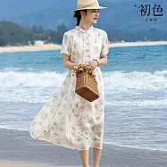 【初色】文藝風寬鬆顯瘦滿版碎花印花單排釦娃娃領短袖高腰大擺裙中長裙連衣裙連身洋裝-白色-50502(M-2XL可選) M 白色