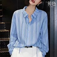 【初色】復古休閒寬鬆翻領條紋綁帶木耳邊落肩長袖襯衫上衣女上衣-藍色-19520(M-2XL可選) M 藍色