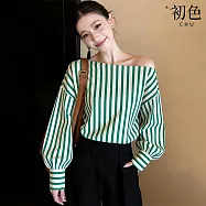 【初色】通勤風一字領斜肩燈籠袖長袖氣質條紋襯衫上衣女上衣-條紋-19483(M-2XL可選) M 條紋
