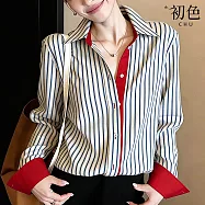 【初色】通勤風POLO領褶袖長袖條紋撞色單排釦襯衫上衣女上衣-條紋-19482(M-2XL可選) M 條紋