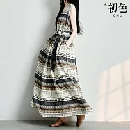 【初色】度假風條紋圖騰V領無袖背心中長裙連衣裙連身洋裝長裙-花色-50463(M-2XL可選) M 花色