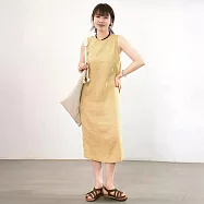 【初色】文藝風純色圓領後開衩直筒輕薄無袖中長裙連衣裙連身洋裝長裙-共2色-50461(M-2XL可選) M 黃色