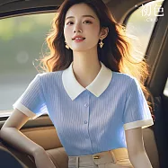 【初色】文藝風翻領短袖撞色坑條紋單排釦T恤針織衫上衣女上衣-藍色-19565(F可選) F 藍色