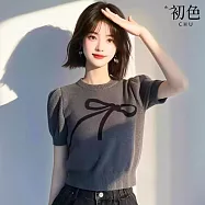 【初色】韓系蝴蝶結印花圓領泡泡袖短袖毛衣針織衫上衣女上衣-灰色-19554(F可選) F 灰色