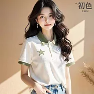 【初色】休閒風POLO領撞色親膚短袖星星繡花單排釦坑條紋T恤針織衫上衣女上-白色-19553(F可選) F 白色